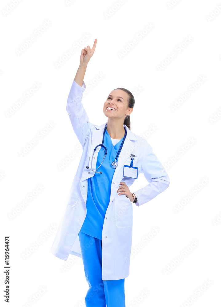 A portrait of a female doctor pointing isolated on white background A portrait of a female doctor pointing isolated on white background