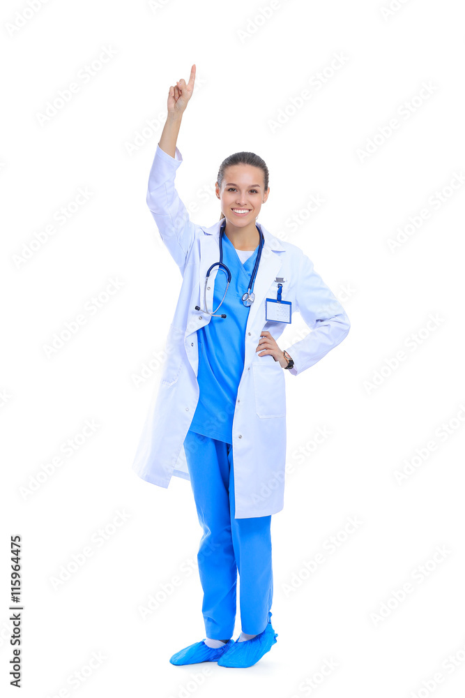 A portrait of a female doctor pointing isolated on white background A portrait of a female doctor pointing isolated on white background