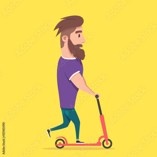 Hipster racing a scooter. Young modern man loves adventure.