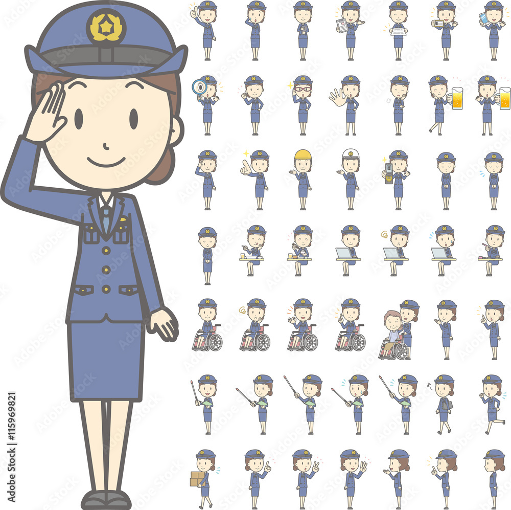 制服を着た警察官の女性vol 2 車椅子 指示棒 Pcなど 様々な表情やポーズのイラストをセット Stock Vector Adobe Stock