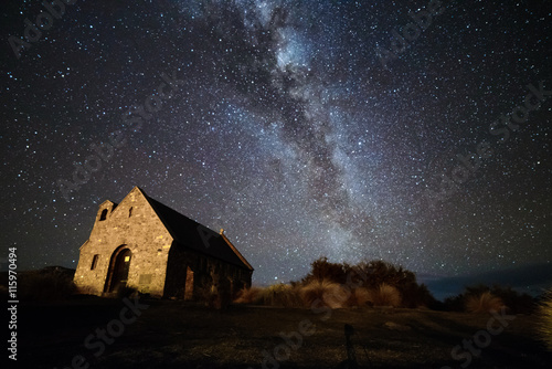 Milky Way Galaxy rising over Church Of God Shepherd, New Zealand. Image noise due to high ISO used photo