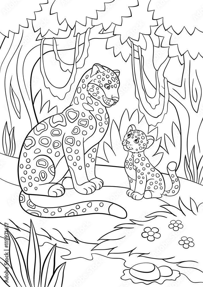 Naklejka premium Coloring pages. Mother jaguar with her little cute cubs.