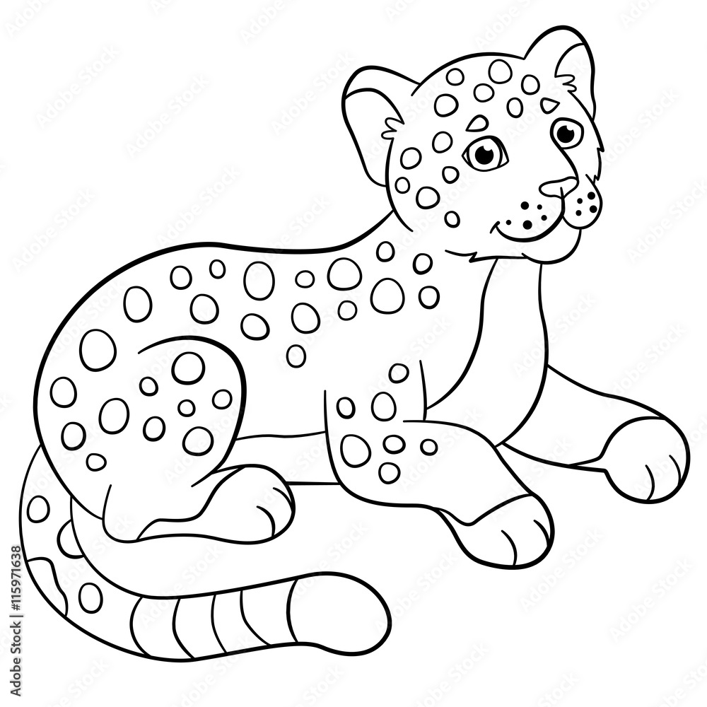 Fototapeta premium Coloring pages. Cute jaguar smiles.