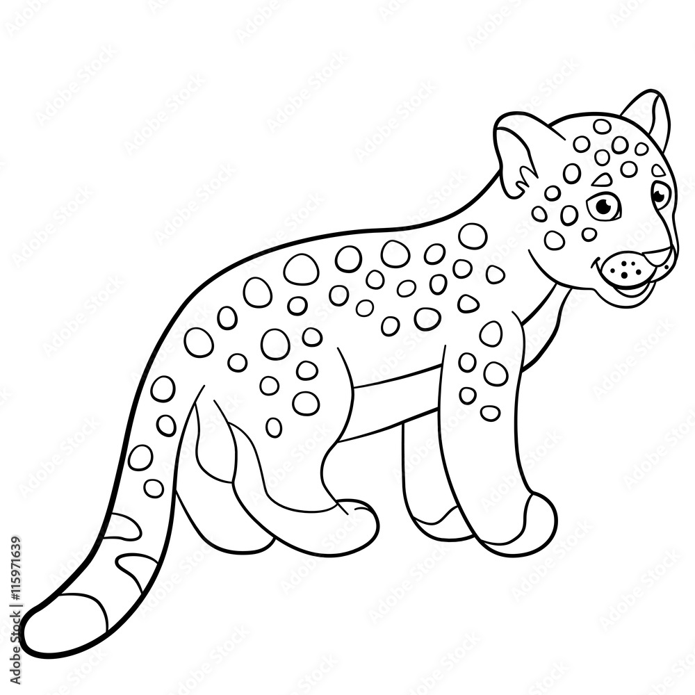 Fototapeta premium Coloring pages. Cute jaguar smiles.