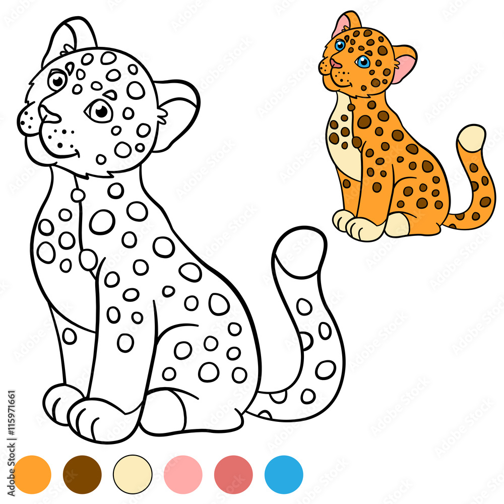 Naklejka premium Coloring page with colors. Little cute baby jaguar.