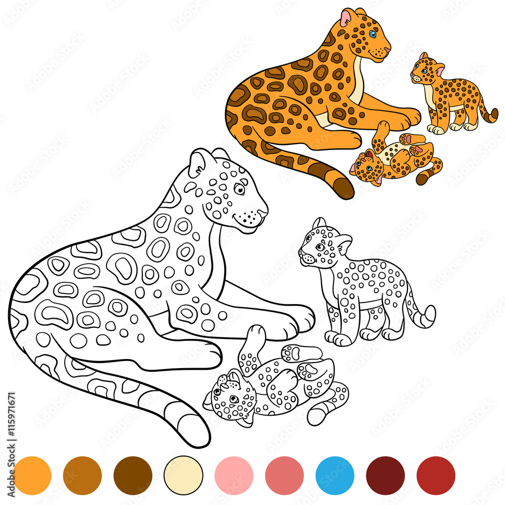 Coloring page with colors. Mother jaguar with her cubs. Stock Vector ...