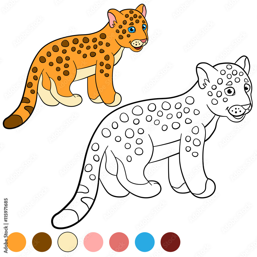 Coloring page with colors. Little cute baby jaguar. Stock Vector ...