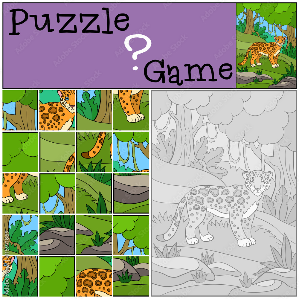 Obraz premium Education game: Puzzle. Cute jaguar in the forest.