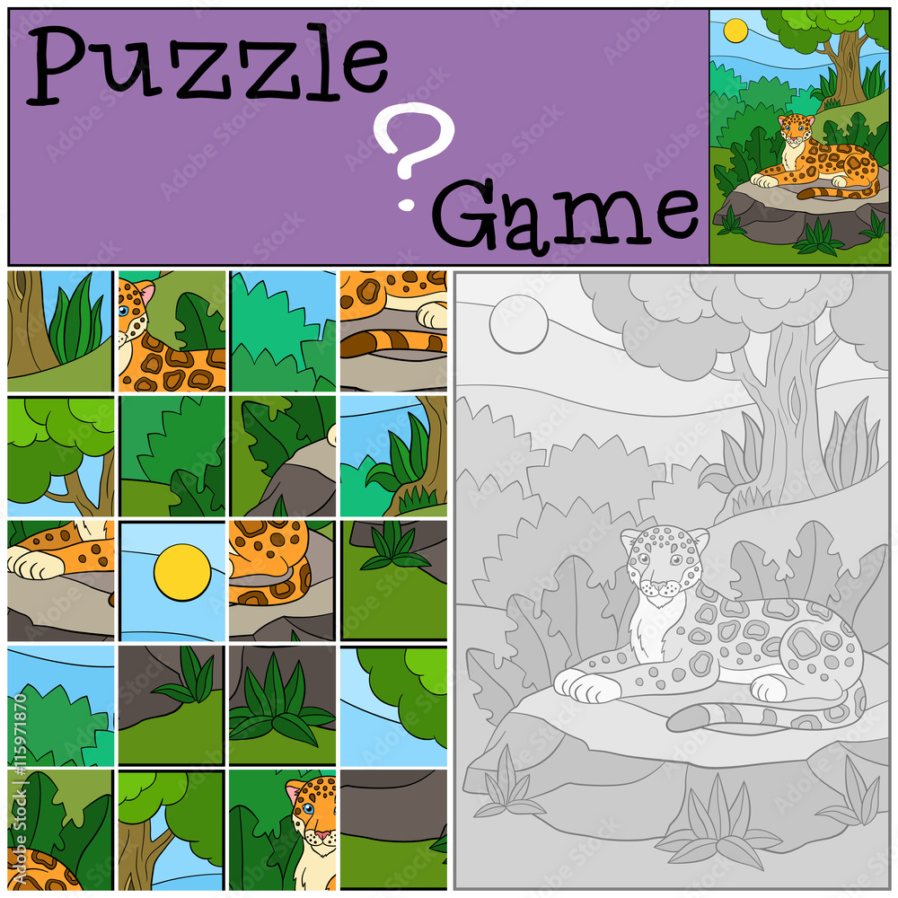 Naklejka premium Education game: Puzzle. Cute jaguar on the stone.