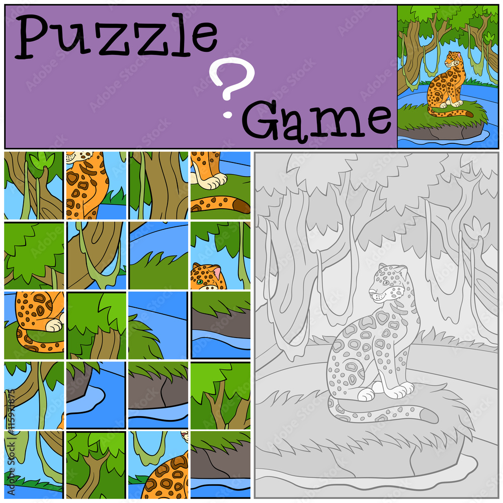Naklejka premium Education game: Puzzle. Cute jaguar in the forest.