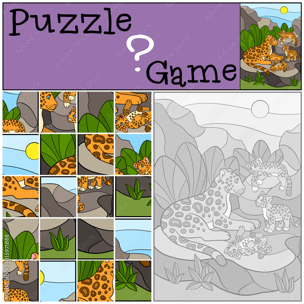 Naklejka premium Education game: Puzzle. Mother jaguar with her little cute cubs.