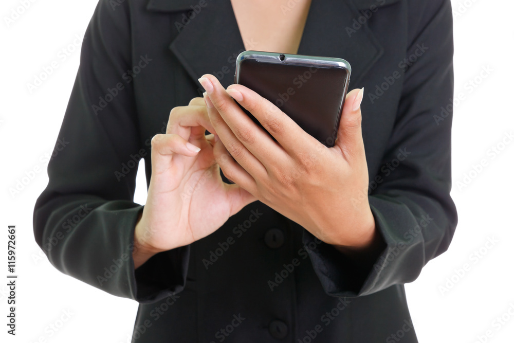 Woman holding a smartphone and touching the screen Woman holding a smartphone and touching the screen