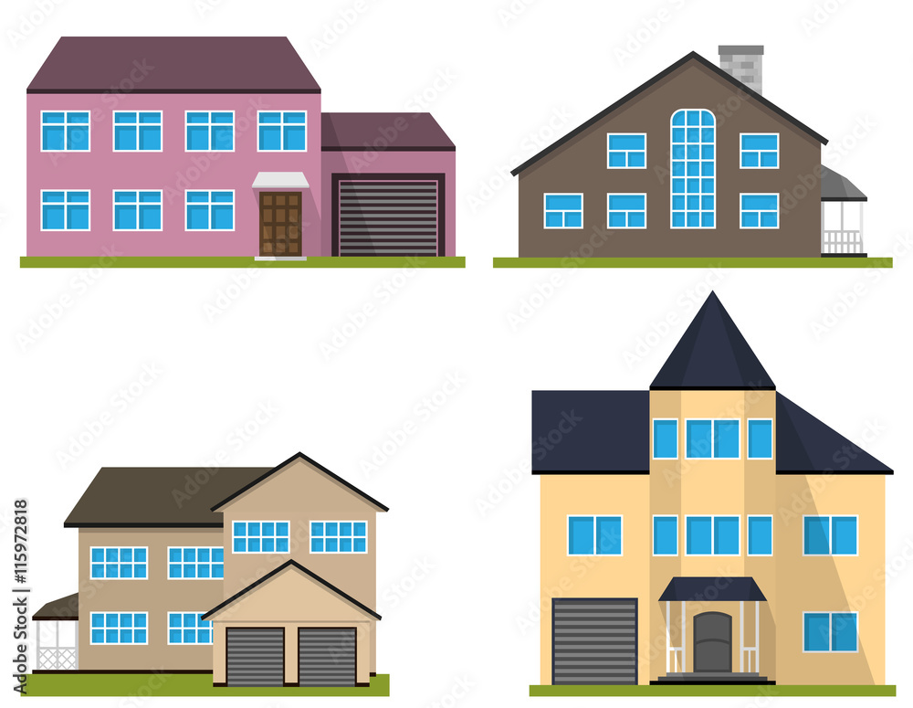 Set of flat house. Home icon. Town cottage. Real estate building. Vector illustration.