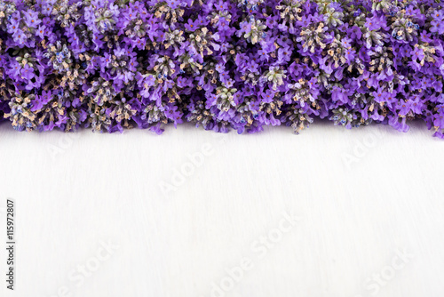 Fototapeta Naklejka Na Ścianę i Meble -  frame of lavender on a white wooden background