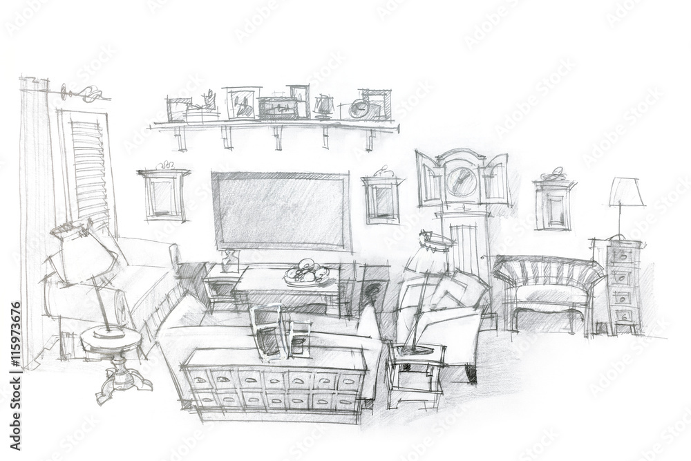 architectural hand drawing of modern living room interior