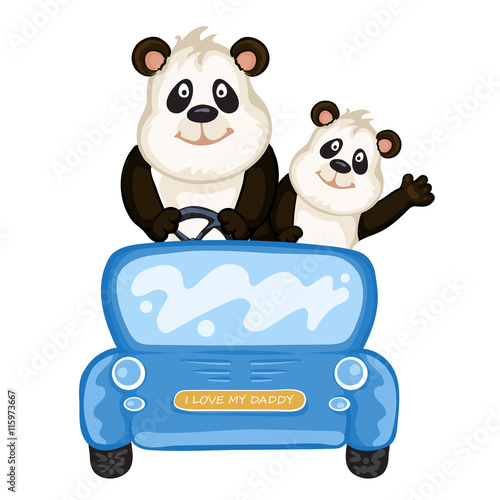 Fototapeta Naklejka Na Ścianę i Meble -  Daddy and baby panda in a blue car