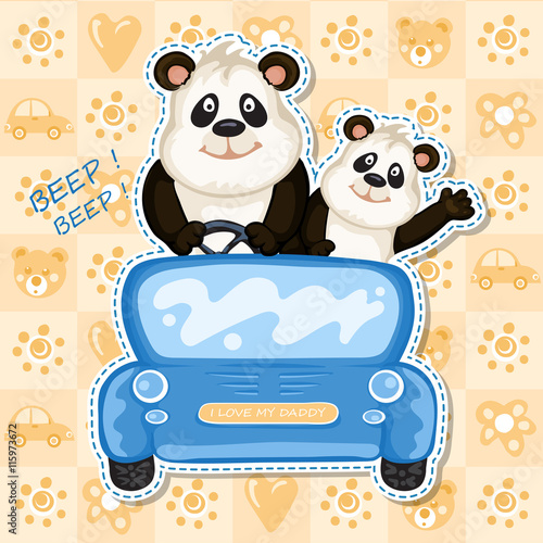 Fototapeta Naklejka Na Ścianę i Meble -  Daddy and baby panda in a blue car