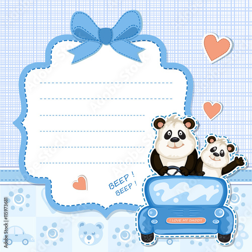 Fototapeta Naklejka Na Ścianę i Meble -  Daddy and baby panda in a blue car.Baby shower invitation