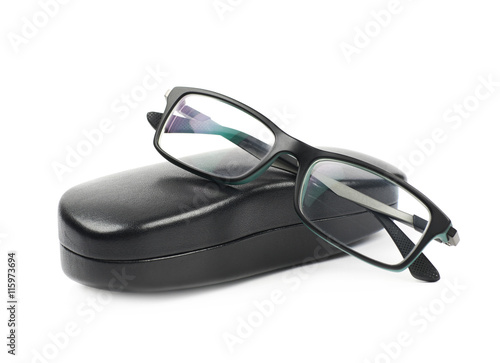 Black leather case for glasses isolated