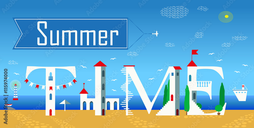 Summer time. Cute white houses. Unusual font Summer time. Cute white houses. Unusual font