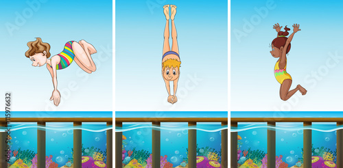 Scenes with people diving in the ocean