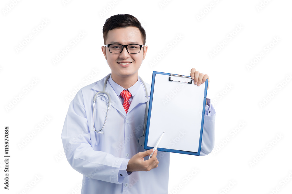 Male Asian Doctor standing with folder, isolated on white backgr Male Asian Doctor standing with folder, isolated on white backgr