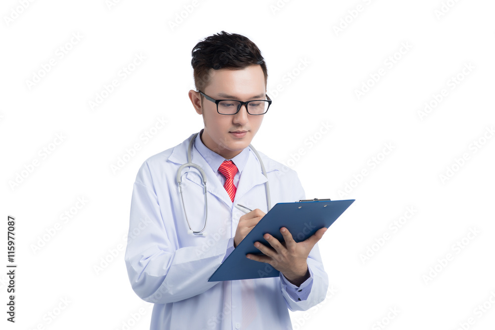 Male Asian Doctor standing with folder, isolated on white backgr Male Asian Doctor standing with folder, isolated on white backgr