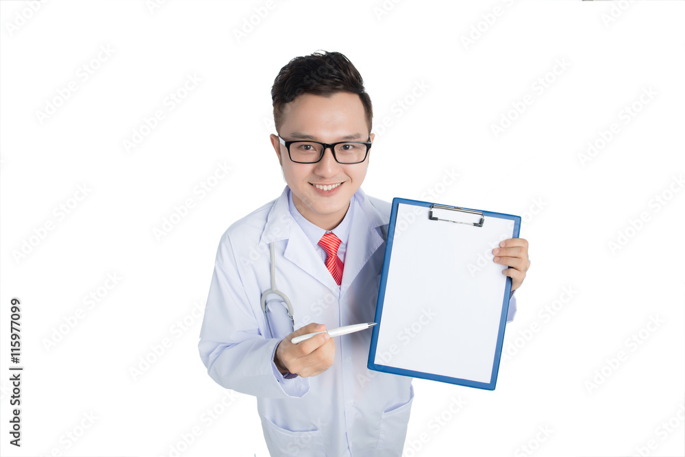 Male Asian Doctor standing with folder, isolated on white backgr Male Asian Doctor standing with folder, isolated on white backgr