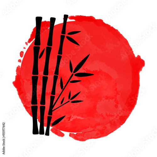 Bamboo trees, watercolor red circle isolated