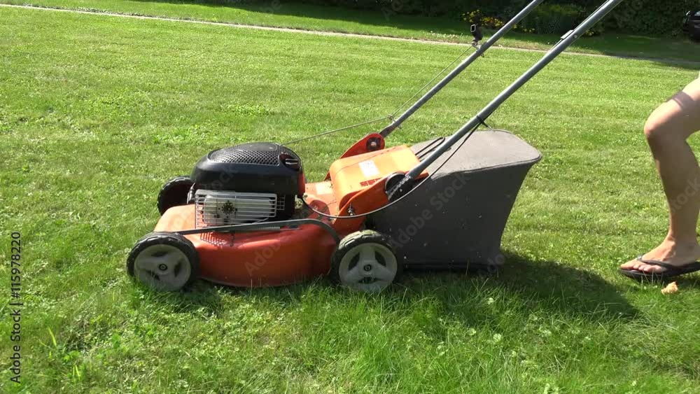 peasant woman in flip-flop shoes walk push lawn cutter mower machine. 4K peasant woman in flip-flop shoes walk push lawn cutter mower machine. 4K