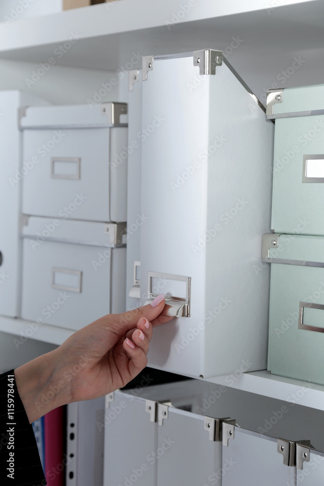 File folders, standing on shelves in the background File folders, standing on shelves in the background