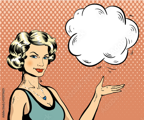 Woman with speech bubble in retro pop art style. Comic vector illustration