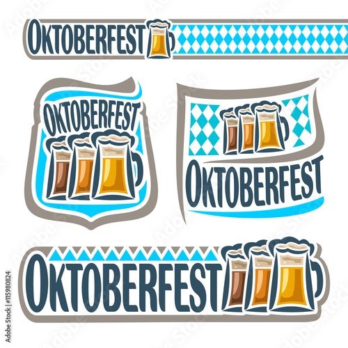 Vector logo bavarian pattern flag oktoberfest with glass ale. Emblem Bavarian fest in Munich with alcohol drink. Banner Oktoberfest mug beer cup with porter. Header menu: foam pint beer, blue rhombus