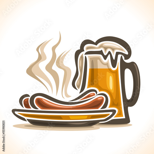 Vector logo for beer, consisting of isolated glass cup, filled to the brim light lager  pilsner beer with foam on a white background and yellow dish plate with 2 hot beef sausage frankfurters