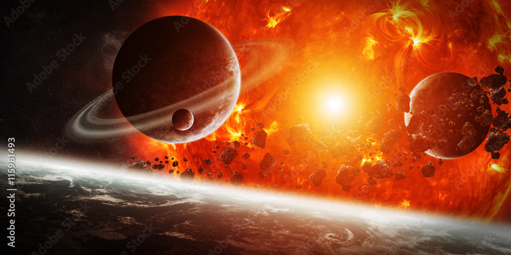 Naklejka premium Exploding sun in space close to planet