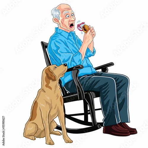 Old Man Sitting On A Rocking Chair Eating Burger With HIs Dog