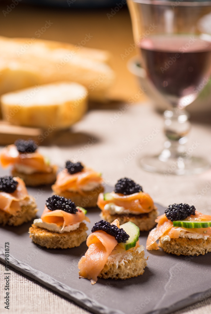 Smoked Salmon Canapes with Sour Cream and Caviar
