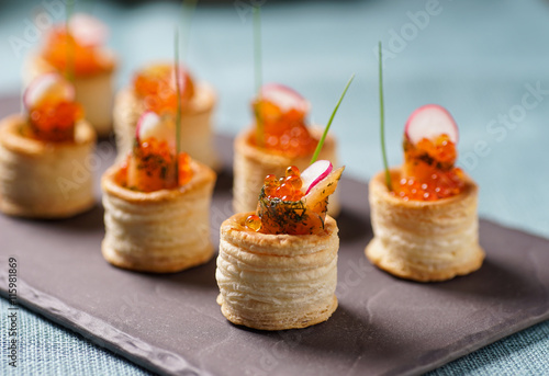 Fotografering Delicious graved salmon appetizers