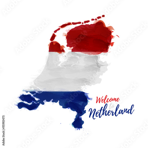 Symbol, poster, banner Netherlands. Map of Holland with the decoration of the national flag. Style watercolor drawing. Vector