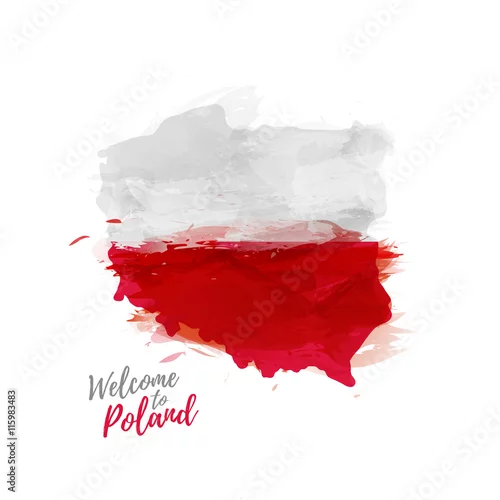 Obraz Symbol, plakat, druk, baner Polska. Mapa polski z dekoracją flagi narodowej. Polska flaga narodowa w stylu akwareli. Wektor