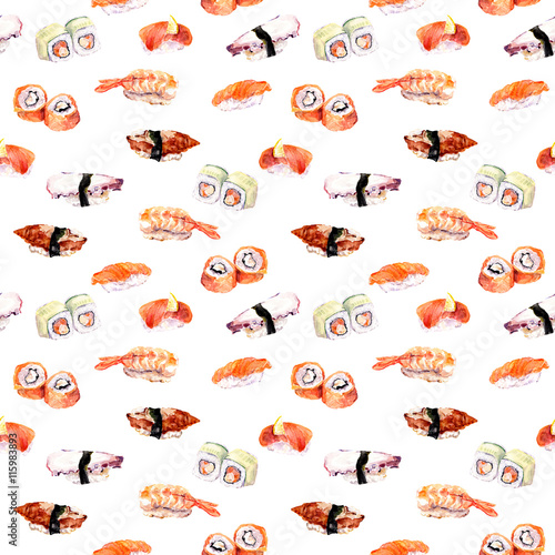 Sushi, roll repeating seamless seafood pattern. Watercolor
