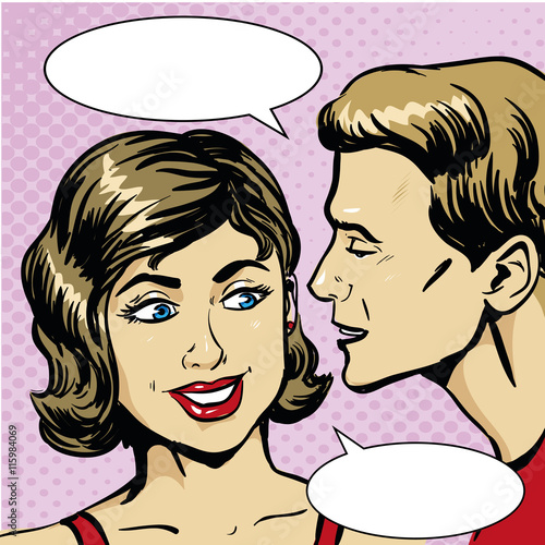 Pop art retro comic vector illustration. Man whispering gossip or secret to woman. Speech bubble