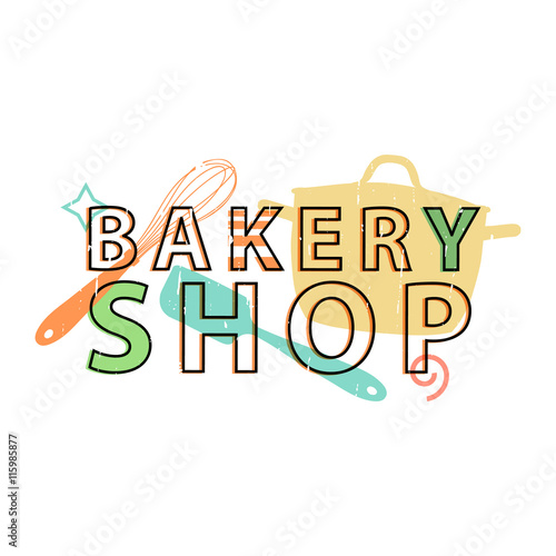 Logo, icon, stamp, emblem bakery shop. Logo bakery in retro style with the decor silhouettes of the kitchen tools and kitchen and tableware. The sign for corporate identity. Vector