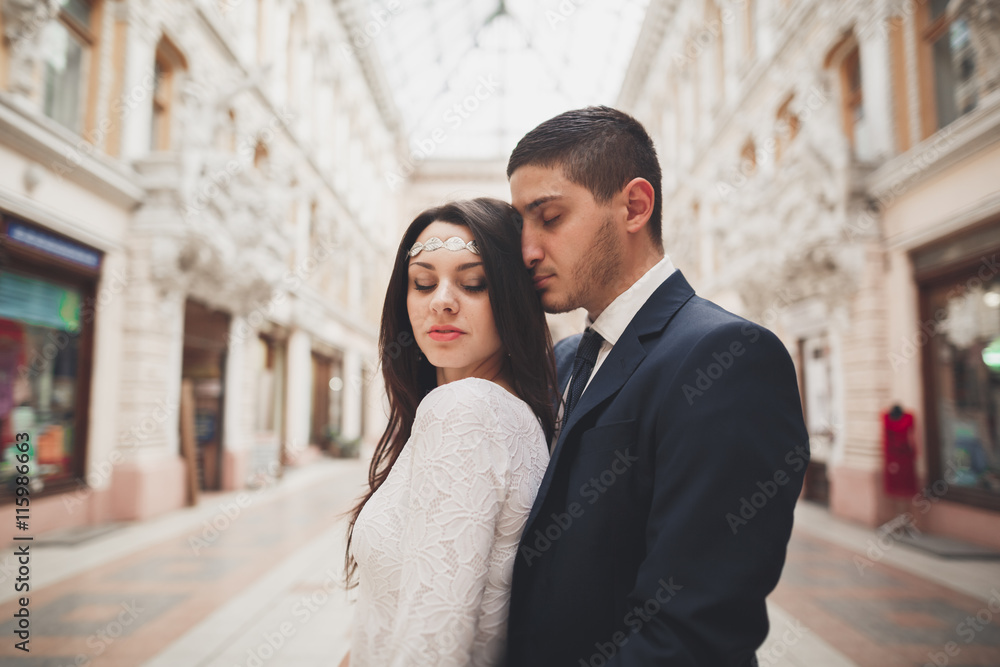 Beautiful wedding couple, bride, groom kissing and hugging against the background of old building Beautiful wedding couple, bride, groom kissing and hugging against the background of old building
