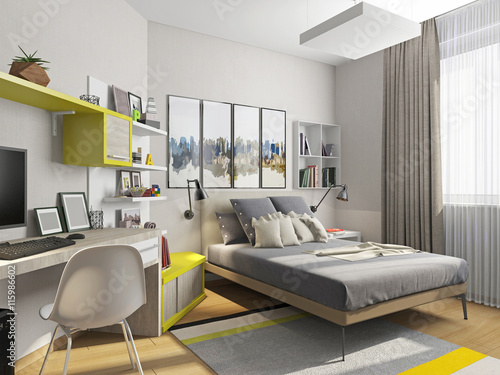 Interior teenage room with a bed and desk