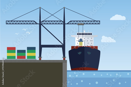 Cargo ship in the port. Crane loading ship. Vector illustration.