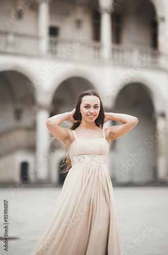 Beautiful girl, model with long hair posing in old castle near columns. Krakow Vavel © olegparylyak