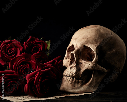Human skull with red roses