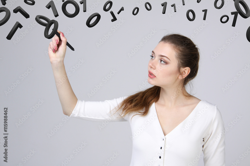 Woman working with binary code, concept of digital technology. Woman working with binary code, concept of digital technology.