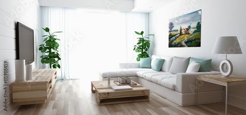 Soggiorno moderno con divano, televisore e parquet photo